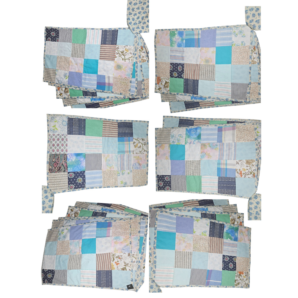 1970s Placemats Set of 6 Handmade Patchwork Blue Tone Floral Themed Dinner Table